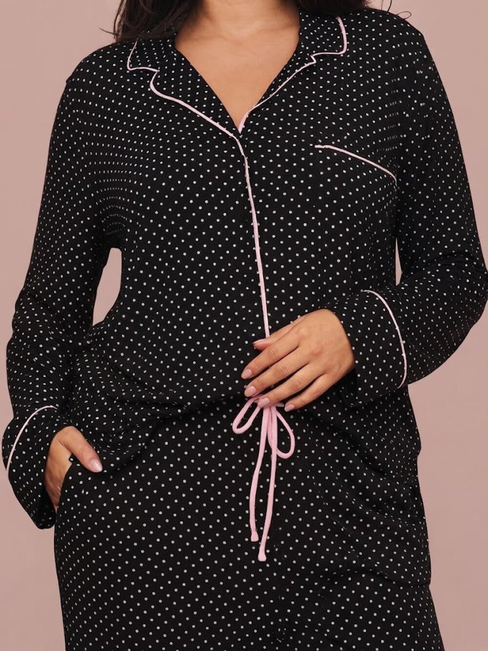 Victoria's Secret Modal Long Pajama Set in Black + Pink Polka Dots L(Long)